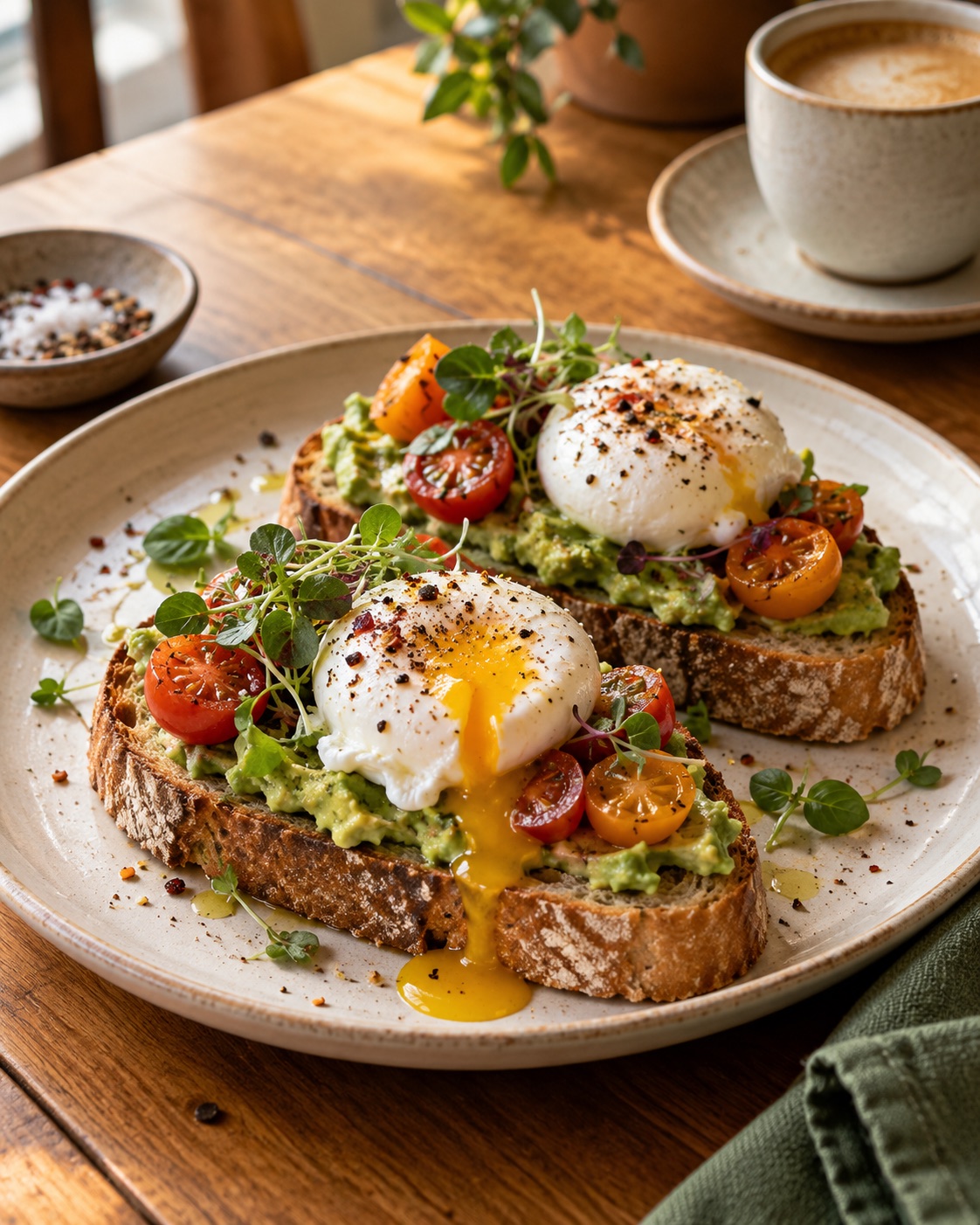Tostadas de masa madre con aguacate y huevo poché