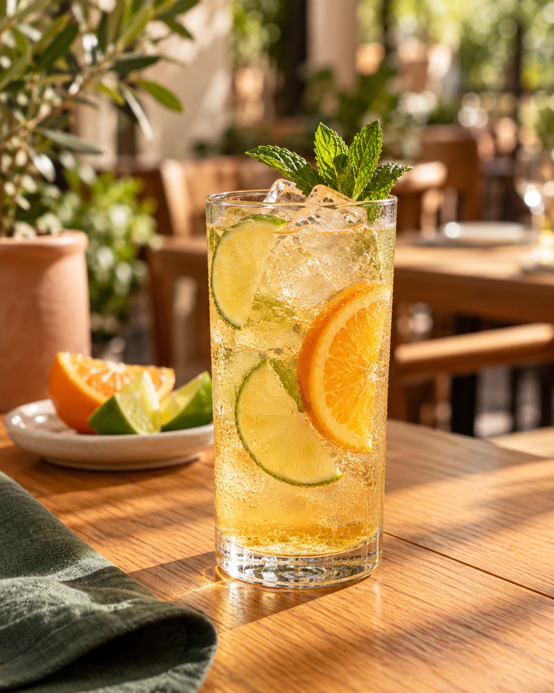 Bebida cítrica con hielo y menta fresca