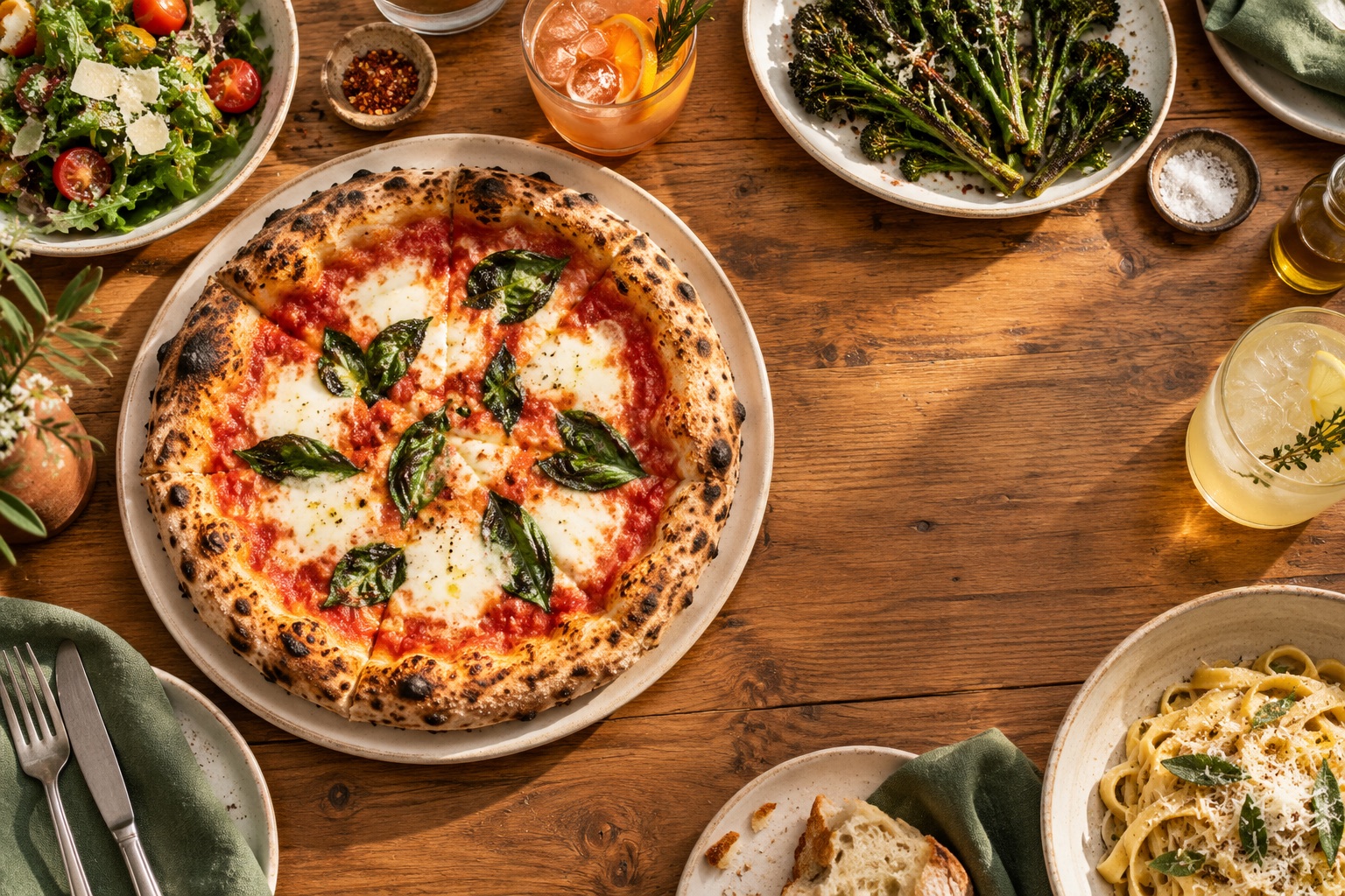 Pizza de masa madre, ensalada fresca y bebidas cítricas vistas desde arriba