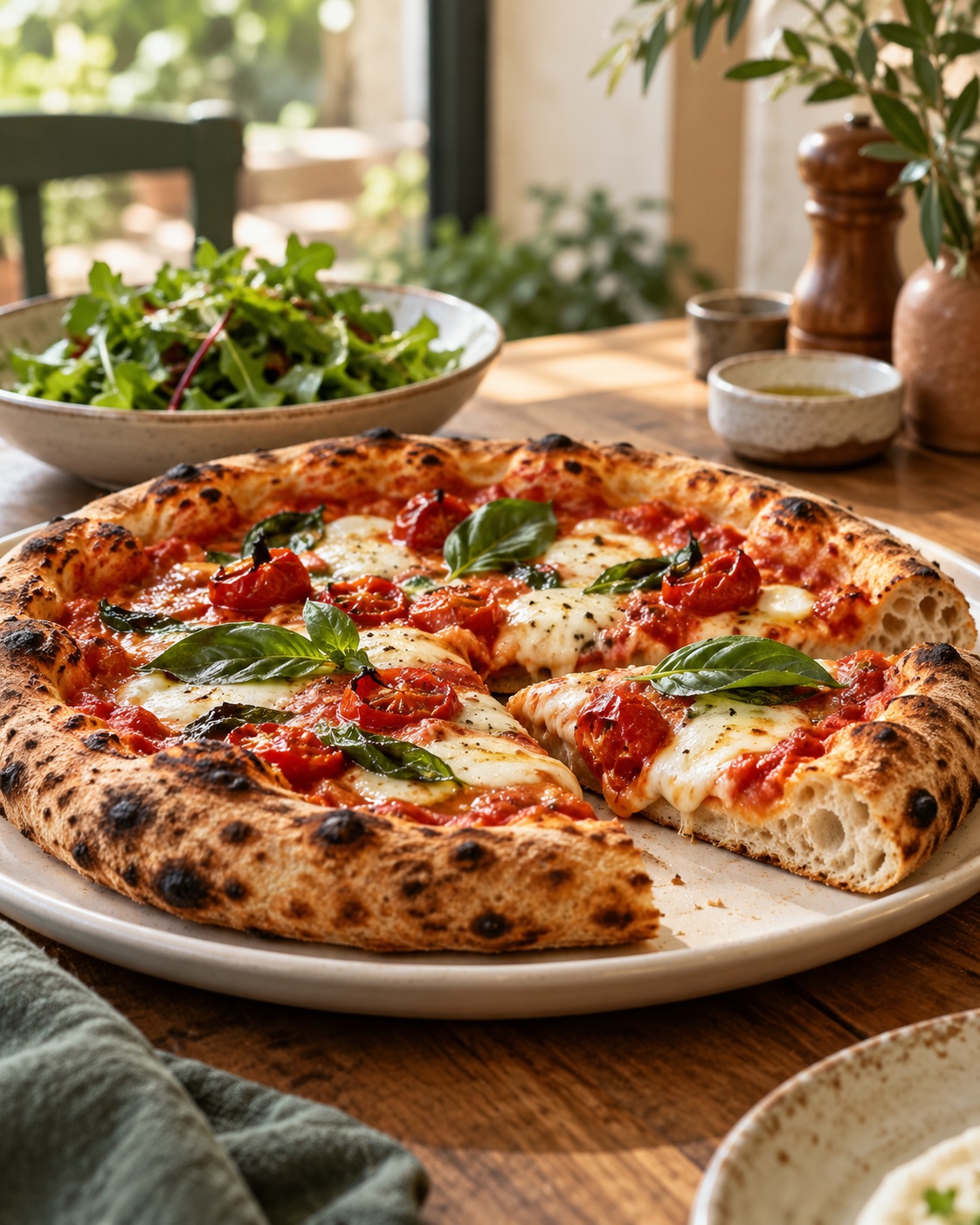 Pizza de masa madre con tomate, mozzarella y albahaca