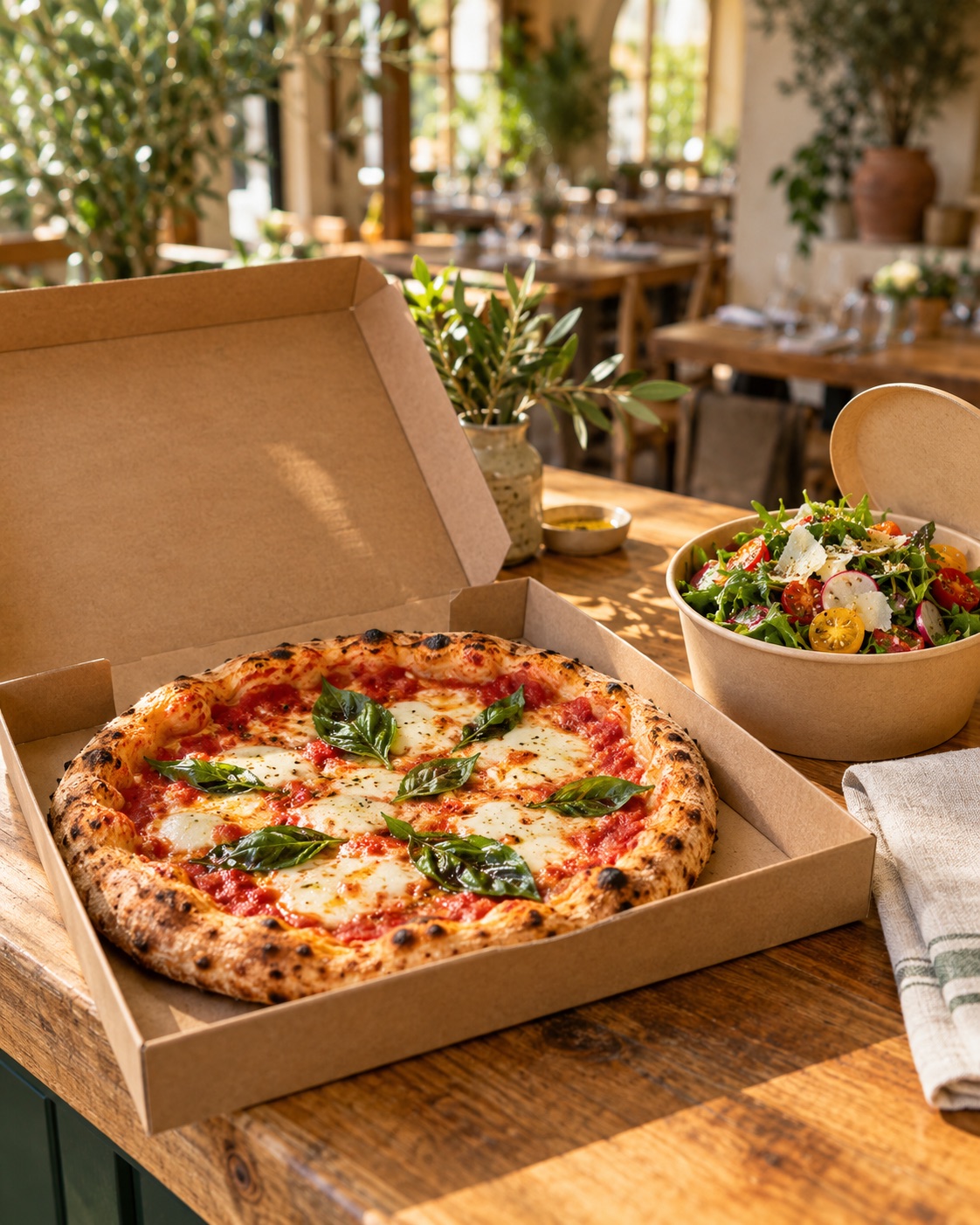 Pizza de masa madre y ensalada fresca listas para llevar